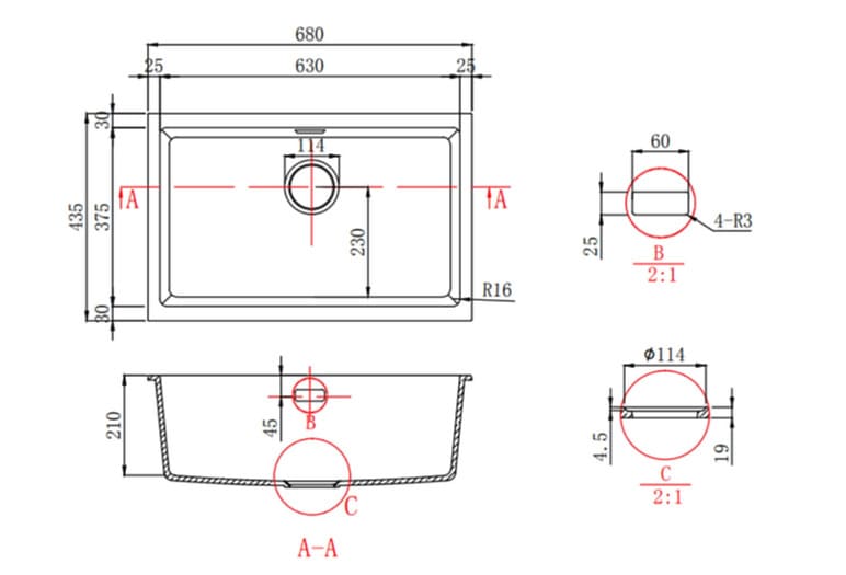 Bản vẽ kỹ thuật chậu bếp 1 hố Clara CSS-23BK(Đen)