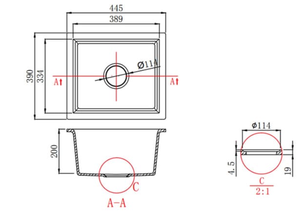 Bản vẽ kỹ thuật chậu bếp 1 hố Clara CSS-23BK(Đen)