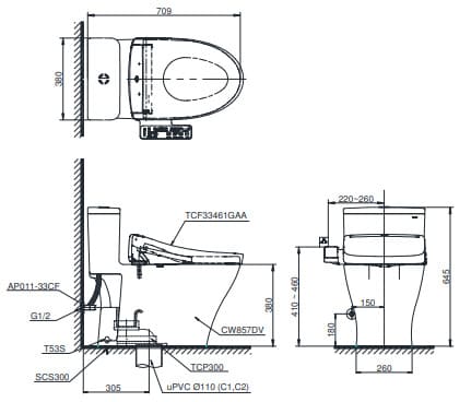 Bản vẽ kỹ thuật bồn cầu điện tử TOTO MS857DW24 