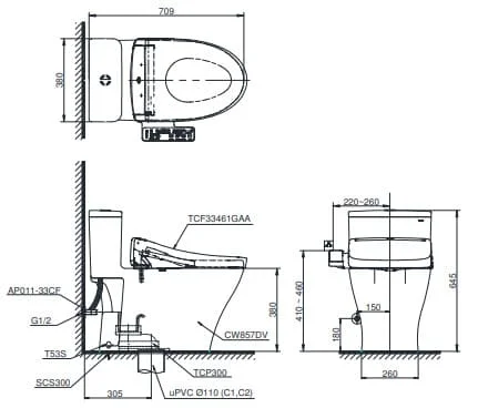 Bản vẽ kỹ thuật bồn cầu điện tử TOTO MS857DW24 