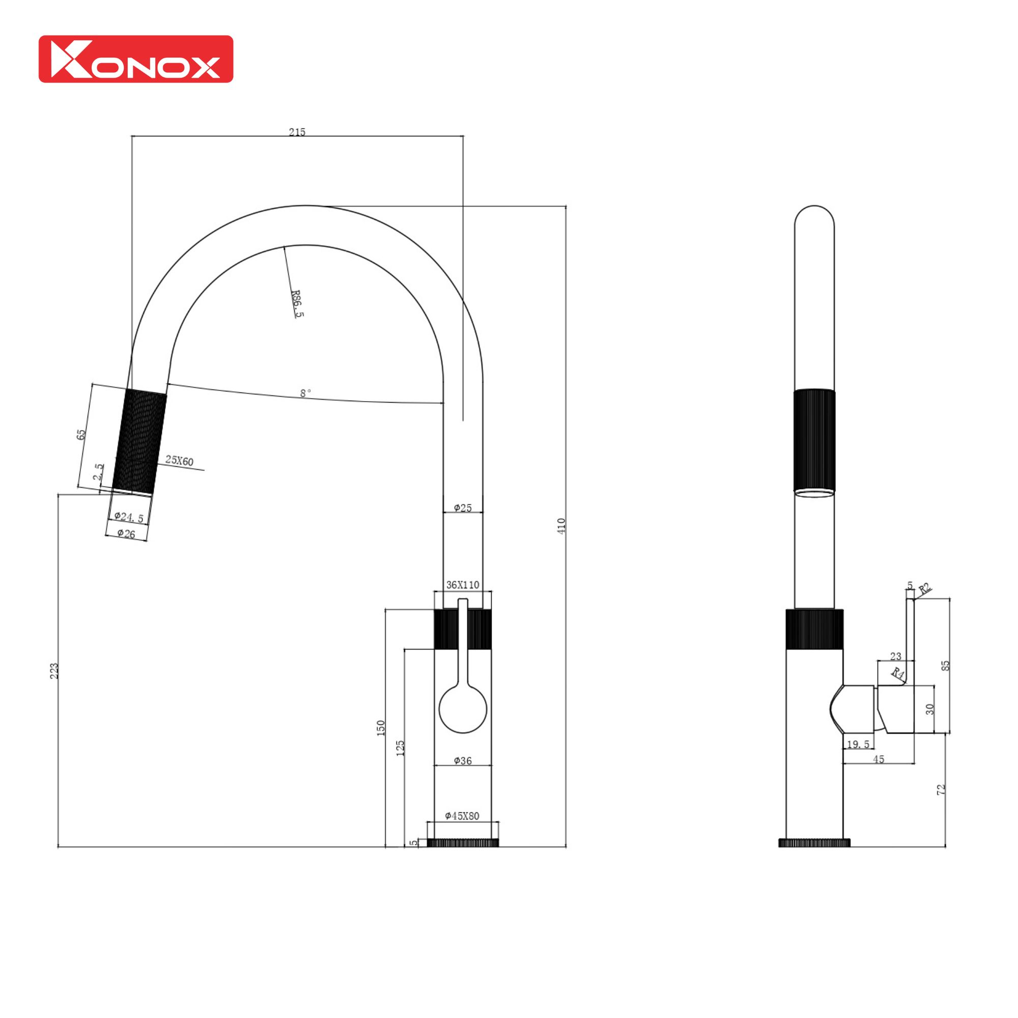 Bản vẽ kỹ thuật vòi rửa bát phong cách nội địa Nhật Bản Konox Kira Chrome
