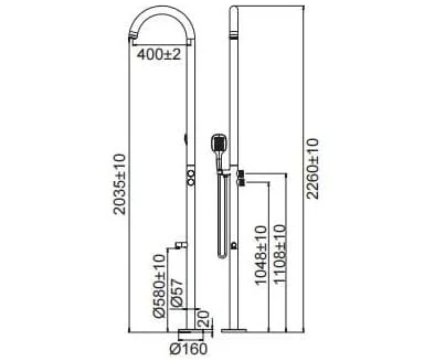 Bản vẽ kỹ thuật sen cây tắm nóng lạnh đặt ngoài trời Miken L-1099