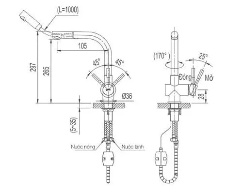 Bản vẽ kỹ thuật vòi chậu rửa bát nóng lạnh dây rút màu crom Miken MK-1902C