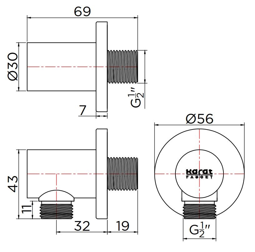 Bản vẽ kỹ thuật đầu nối sen âm tường Karat KP-01-811-41