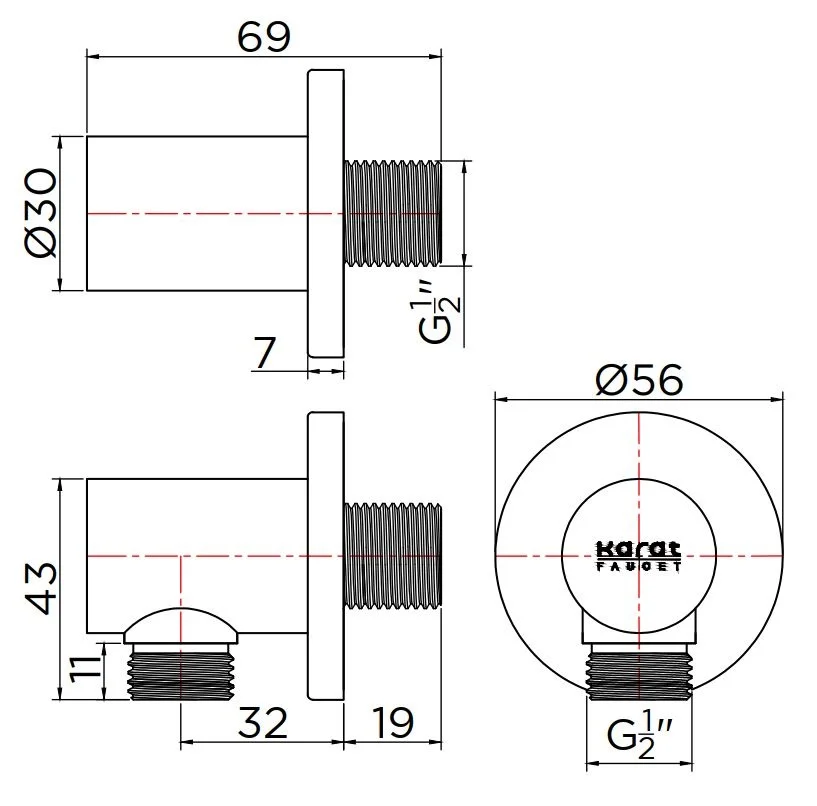 Bản vẽ kỹ thuật đầu nối sen âm tường Karat KP-01-811-41