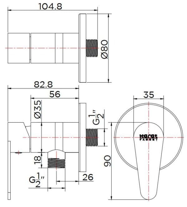 Bản vẽ kỹ thuật đầu nối sen âm tường Karat KP-01-811-41