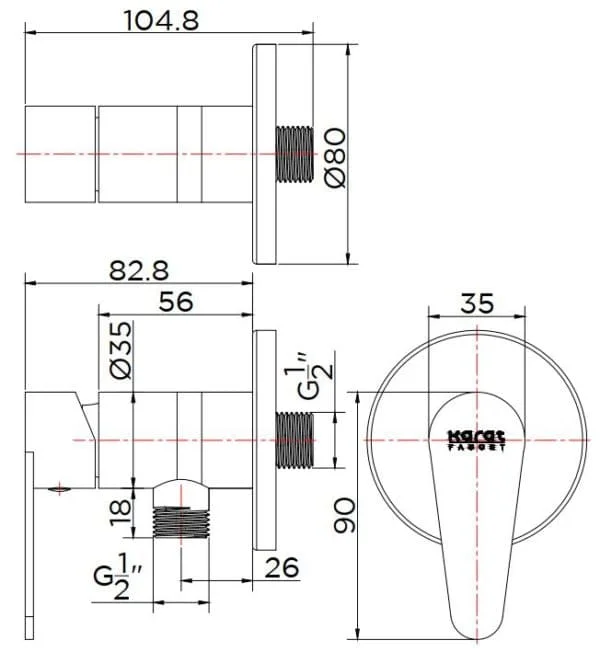 Bản vẽ kỹ thuật đầu nối sen âm tường Karat KP-01-811-41
