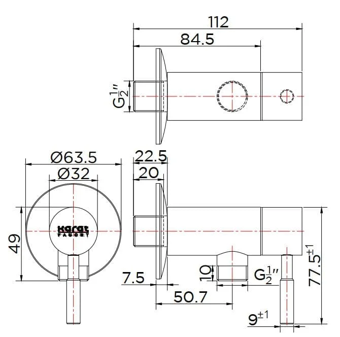 Bản vẽ kỹ thuật đầu nối sen âm tường Karat KP-01-811-41