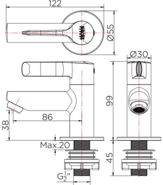 Bản vẽ kỹ thuật vòi chậu rửa 1 lỗ nước lạnh Karat KF-63-100B-50