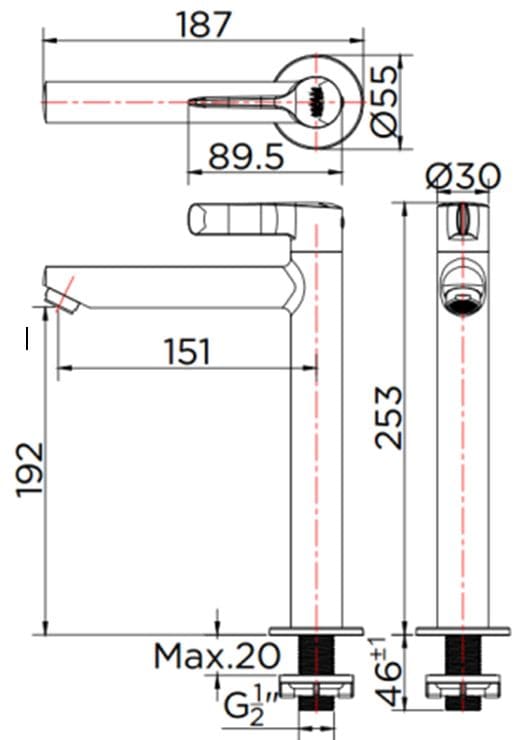 Bản vẽ kỹ thuật vòi chậu rửa 1 lỗ nước lạnh Karat KF-63-100B-50