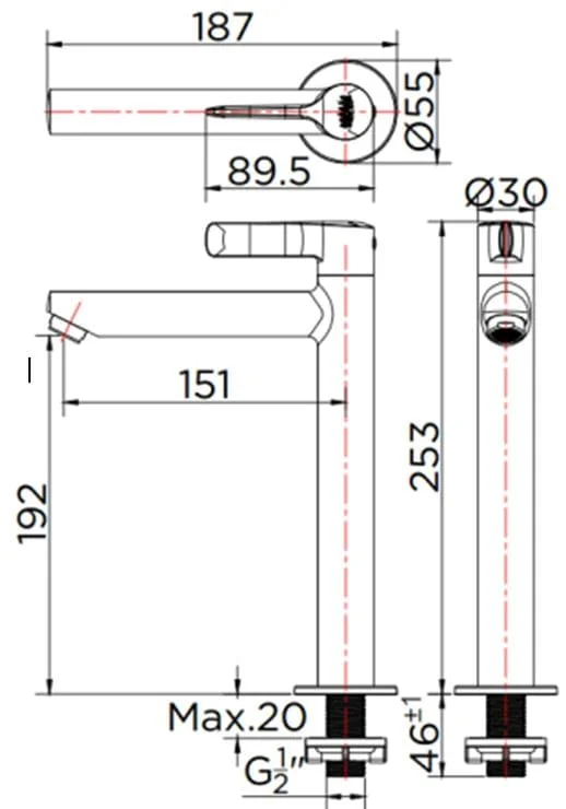 Bản vẽ kỹ thuật vòi chậu rửa 1 lỗ nước lạnh Karat KF-63-100B-50