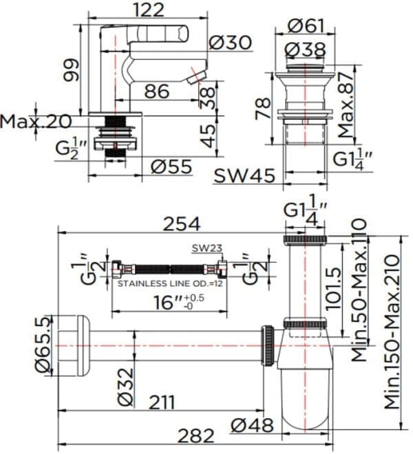 Bản vẽ kỹ thuật vòi chậu rửa 1 lỗ nước lạnh Karat KF-63-100B-50