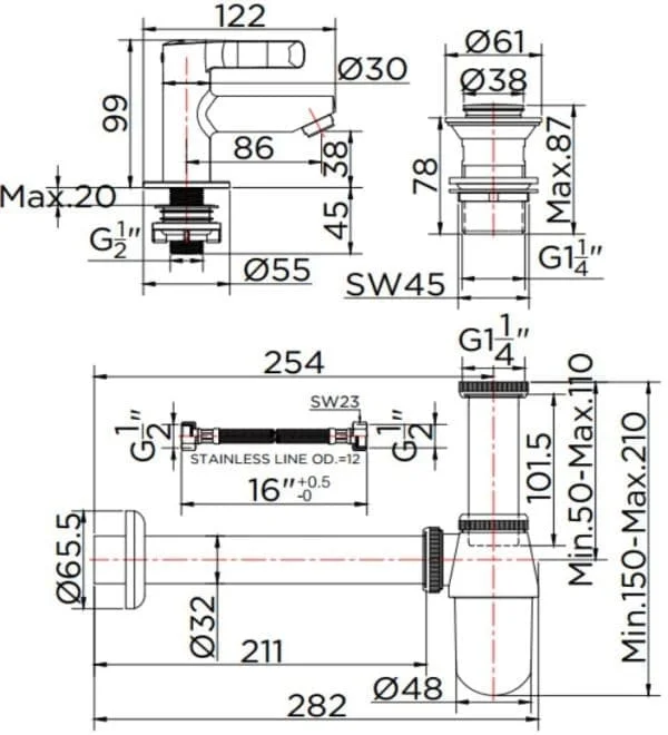 Bản vẽ kỹ thuật vòi chậu rửa 1 lỗ nước lạnh Karat KF-63-100B-50