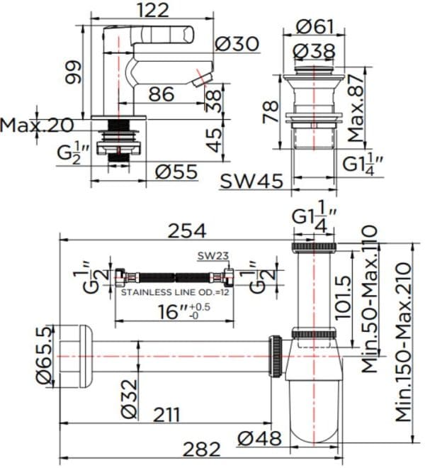 Bản vẽ kỹ thuật vòi chậu rửa 1 lỗ nước lạnh Karat KF-63-100B-50