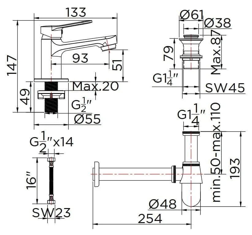 Bản vẽ kỹ thuật vòi chậu rửa 1 lỗ nước lạnh Karat KF-63-100B-50