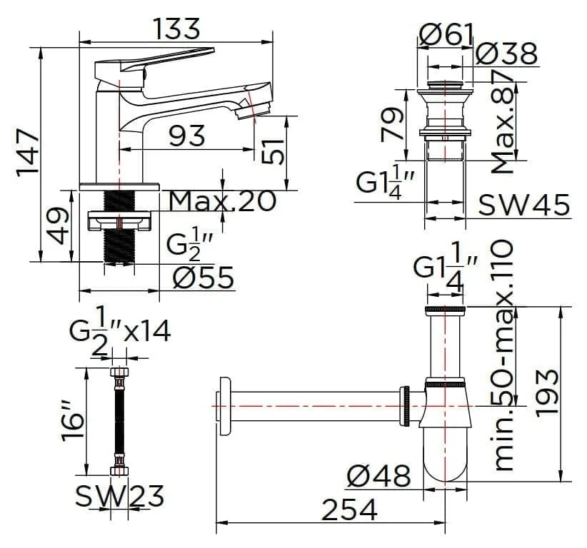 Bản vẽ kỹ thuật vòi chậu rửa 1 lỗ nước lạnh Karat KF-63-100B-50