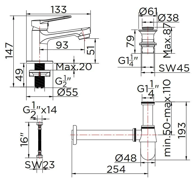Bản vẽ kỹ thuật vòi chậu rửa 1 lỗ nước lạnh Karat KF-63-100B-50