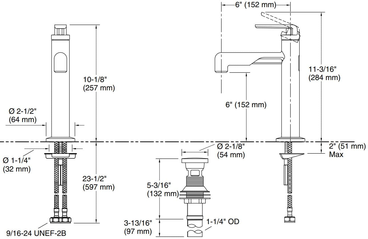 Bản vẽ vòi lavabo nóng lạnh gắn chậu Kallista P34583
