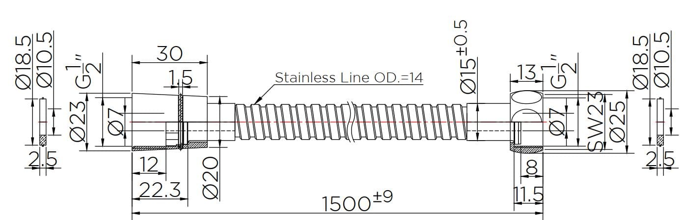Bản vẽ kỹ thuật dây sen 1.5m mạ vàng Karat KA-06-920-41