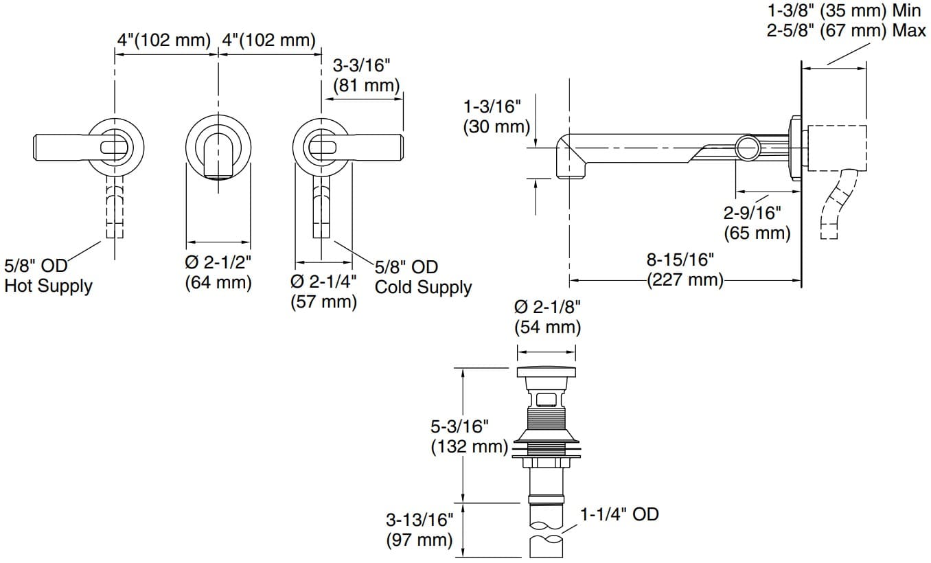 Bản vẽ vòi lavabo nóng lạnh gắn tường Kallista P34584