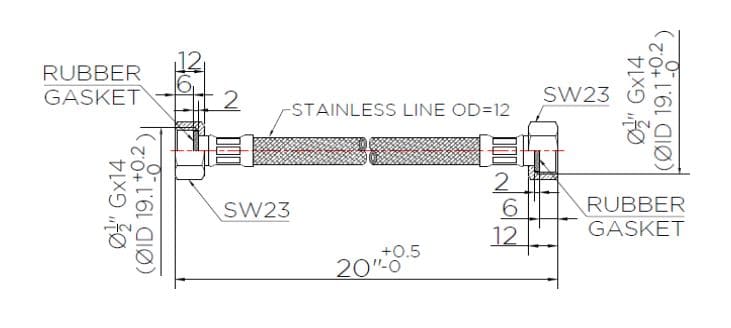 Bản vẽ kỹ thuật dây cấp nước dài 18cm karat KA-01-500-20-WH