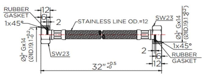 Bản vẽ kỹ thuật dây cấp nước dài 32cm karat KA-01-500-32-WH