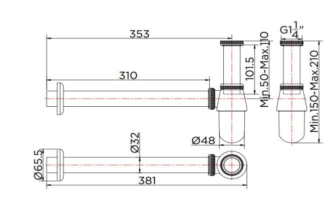 Bản vẽ kỹ thuật đuôi xiphong lavabo Karat KA-02-112-50(S)