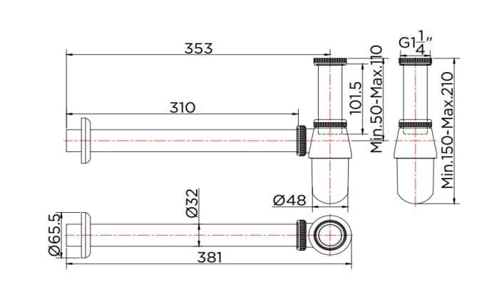 Bản vẽ kỹ thuật đuôi xiphong lavabo Karat KA-02-112-50(S)