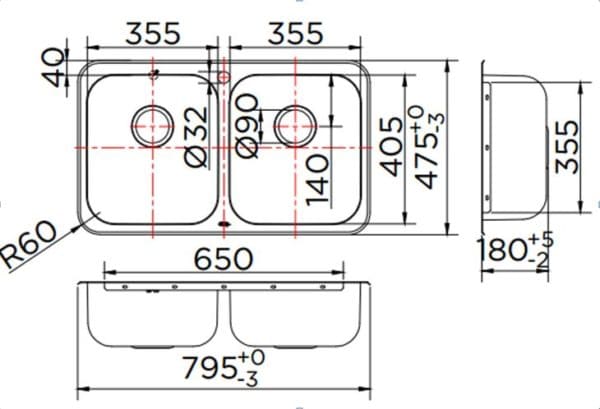 Bản vẽ kỹ thuật chậu rửa bát 2 hố Karat KK-01-020H-63