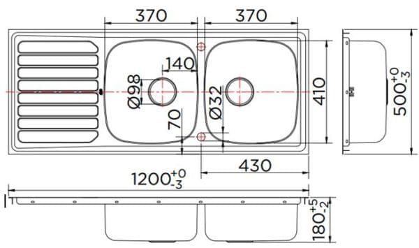 Bản vẽ kỹ thuật chậu rửa bát 2 hố có bàn Karat KK-01-021H-63