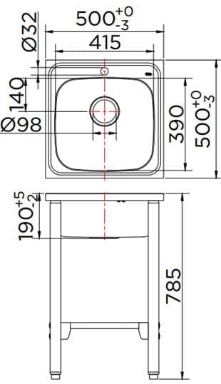 Bản vẽ kỹ thuật chậu rửa bát 1 hố kèm chân đế Karat KK-02-010H-63