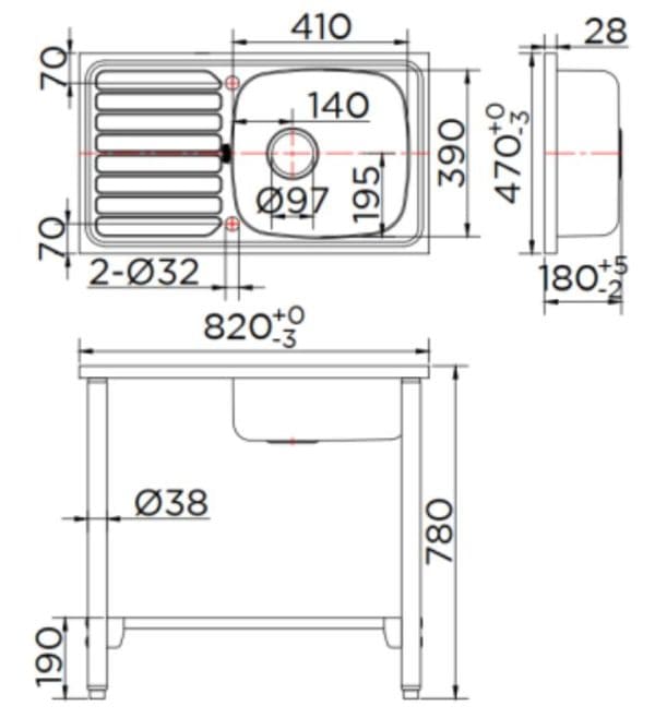Bản vẽ kỹ thuật chậu rửa bát 1 hố có bàn kèm chân đế Karat KK-02-013H-63