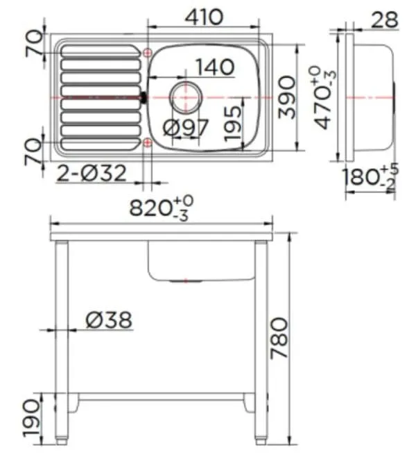 Bản vẽ kỹ thuật chậu rửa bát 1 hố có bàn kèm chân đế Karat KK-02-013H-63