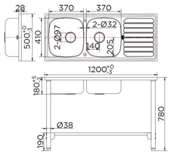 Bản vẽ kỹ thuật chậu rửa bát 2 hố có bàn kèm chân đế Karat KK-02-023H-63