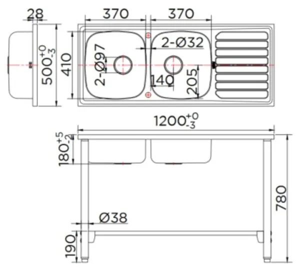 Bản vẽ kỹ thuật chậu rửa bát 2 hố có bàn kèm chân đế Karat KK-02-023H-63