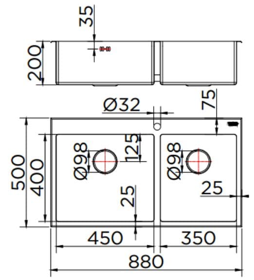 Bản vẽ kỹ thuật chậu rửa bát 2 hố Karat KK-03-020H-63