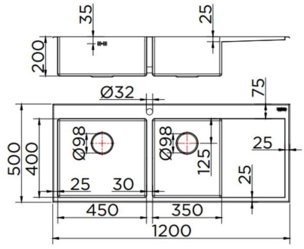 Bản vẽ kỹ thuật chậu rửa bát 2 hố có bàn Karat KK-03-021H-63