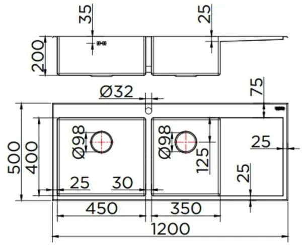 Bản vẽ kỹ thuật chậu rửa bát 2 hố có bàn Karat KK-03-021H-63