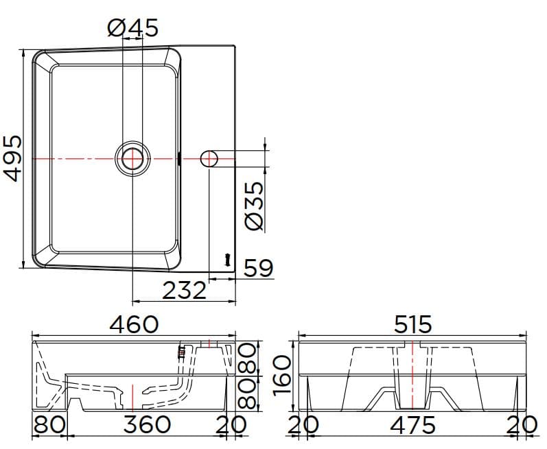 Bản vẽ kỹ thuật chậu rửa lavabo bàn đá Karat ECW-04-511F-11