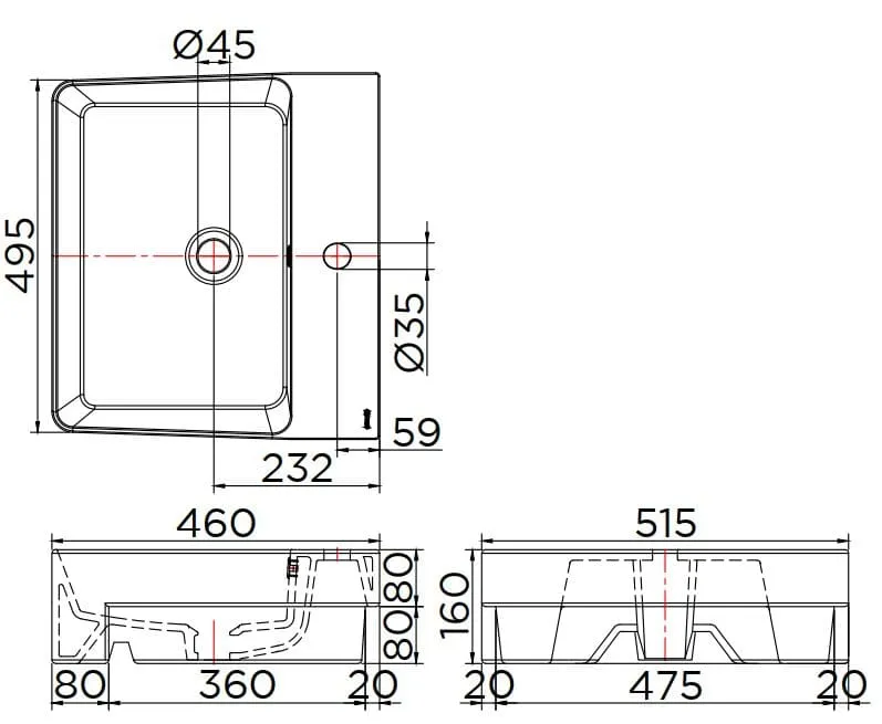 Bản vẽ kỹ thuật chậu rửa lavabo bàn đá Karat ECW-04-511F-11