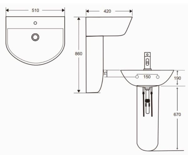 Bản vẽ kỹ thuật chậu rửa lavabo treo tường chân dài Karat ECW-06-121F-11