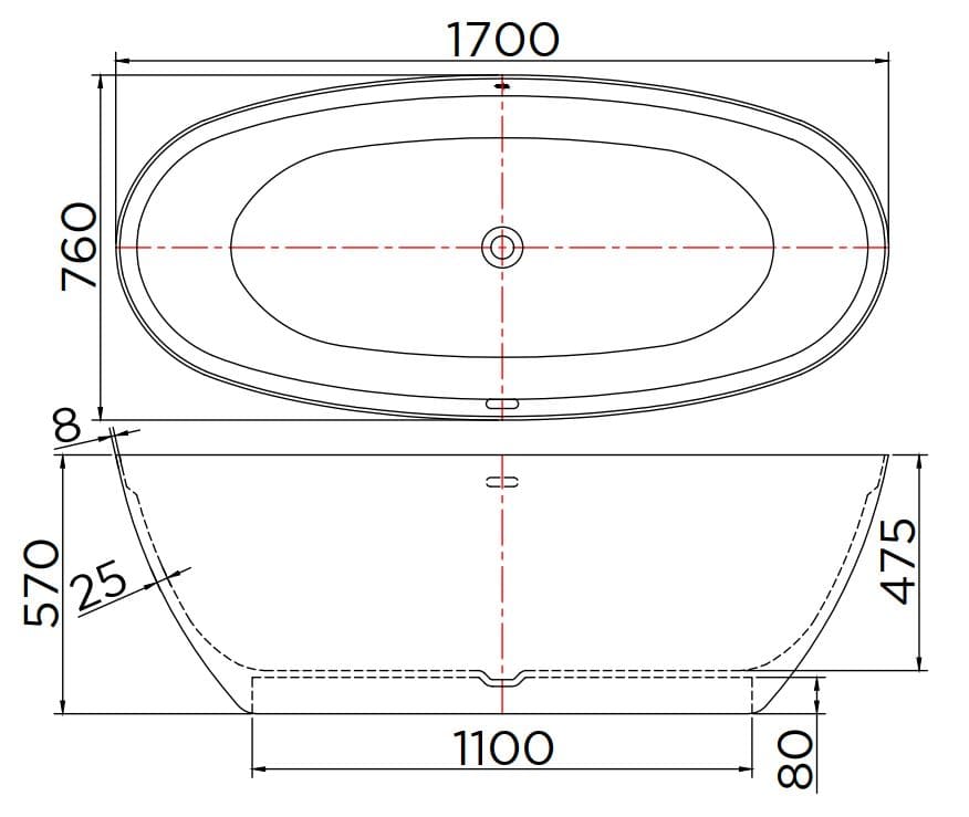 Bản vẽ kỹ thuật bồn tắm đá nhân tạo đặt sàn 1.7m Karat ESB-01-300SF-11