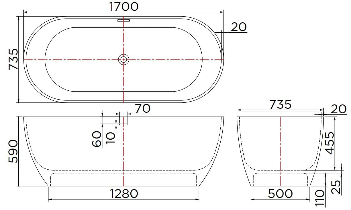 Bản vẽ kỹ thuật bồn tắm đá nhân tạo đặt sàn 1.7m Karat ESB-02-120F-11