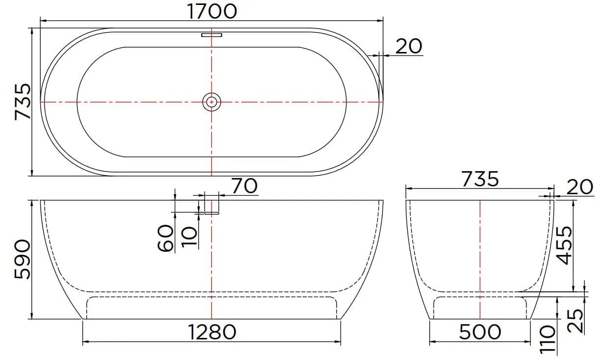 Bản vẽ kỹ thuật bồn tắm đá nhân tạo đặt sàn 1.7m Karat ESB-02-120F-11