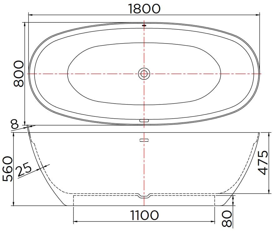Bản vẽ kỹ thuật bồn tắm đá nhân tạo đặt sàn 1.8m Karat ESB-02-300SF-11