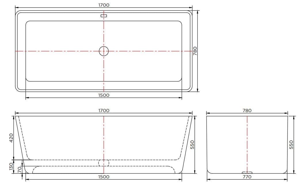 Bản vẽ kỹ thuật bồn tắm đá nhân tạo đặt sàn 1.7m Karat ESB-01-110F-11