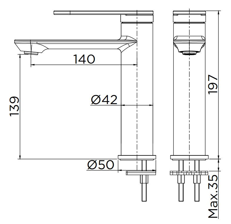 Bản vẽ kỹ thuật vòi chậu rửa 1 lỗ nóng lạnh Karat EF-05-620-55