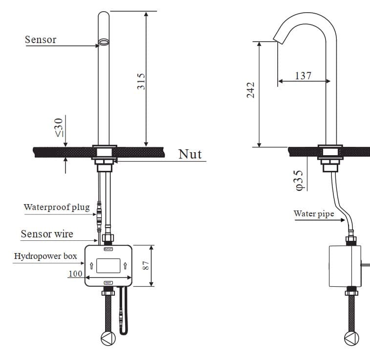 Bản vẽ kỹ thuật vòi chậu rửa tự động thân cao Karat EF-06-018-50