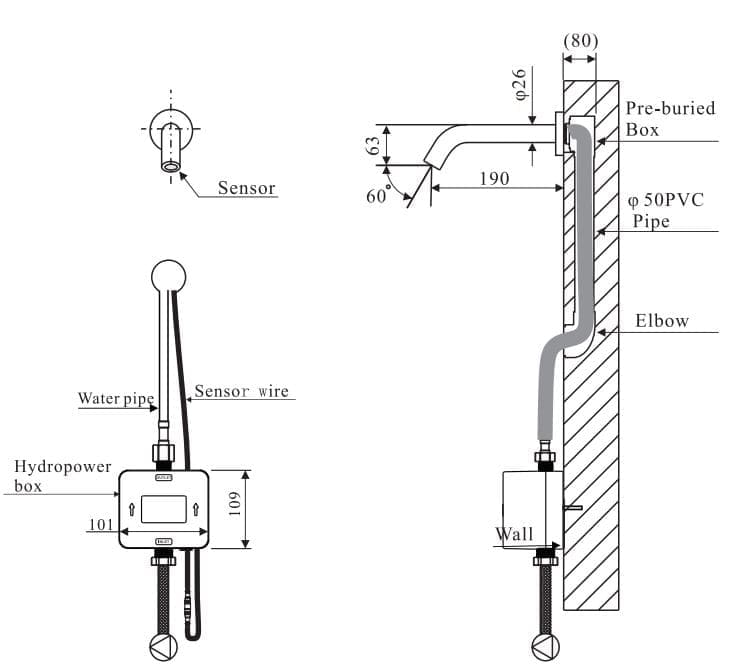 Bản vẽ kỹ thuật vòi chậu rửa tự động âm tường Karat EF-07-019-50