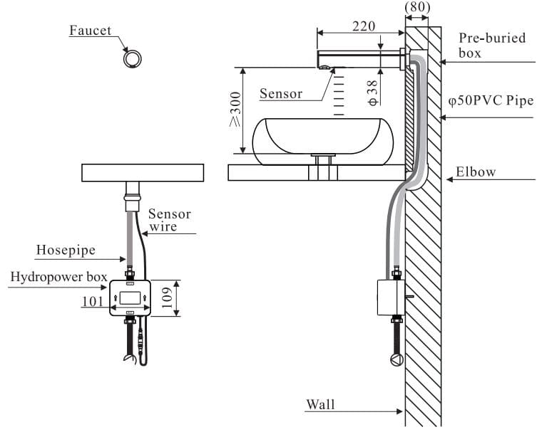 Bản vẽ kỹ thuật vòi chậu rửa tự động âm tường Karat EF-08-019-50